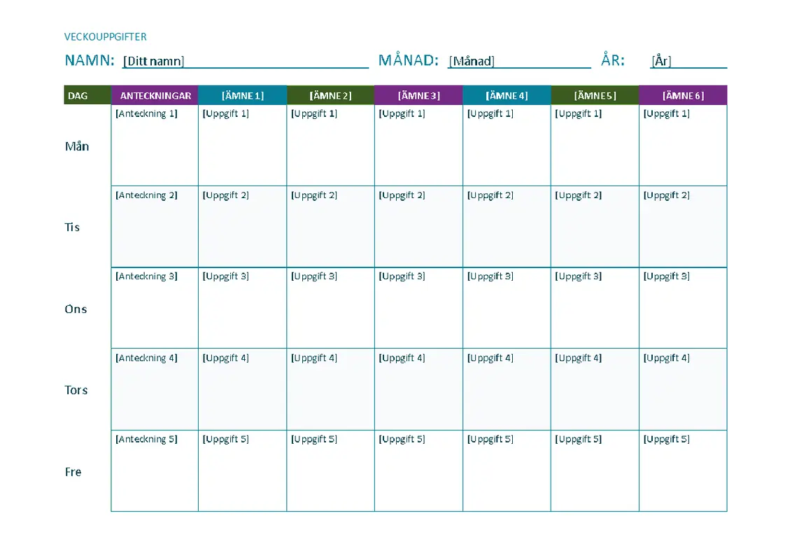 Arbetsblad för veckouppgifter (färg, liggande)