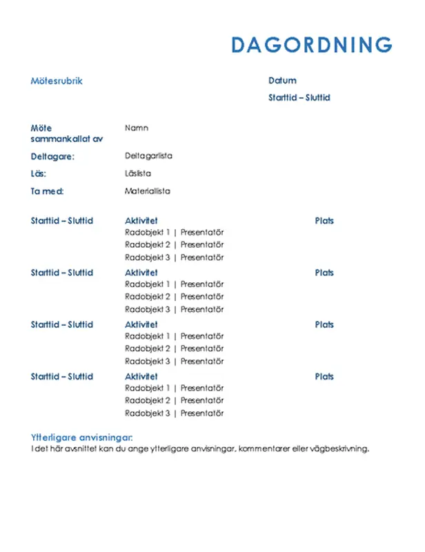 Agenda för heldagsmöte (formellt)