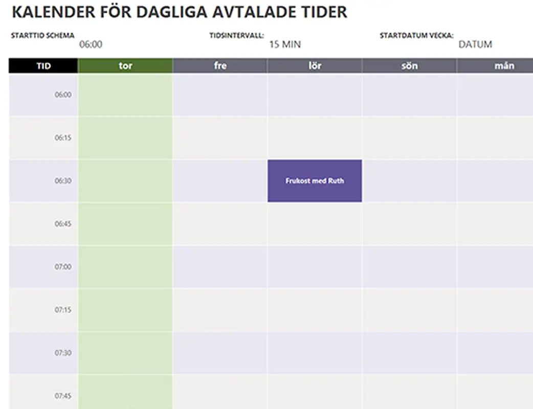 Kalender för dagliga avtalade tider