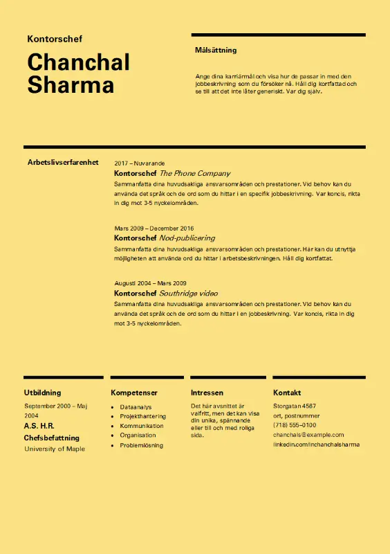 CV med schweizisk design yellow modern simple