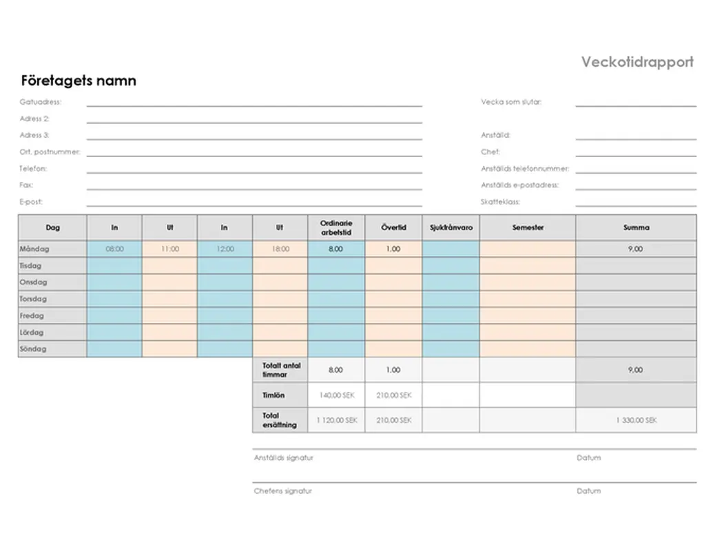 Veckotidrapport (8 1/2 x 11 liggande)