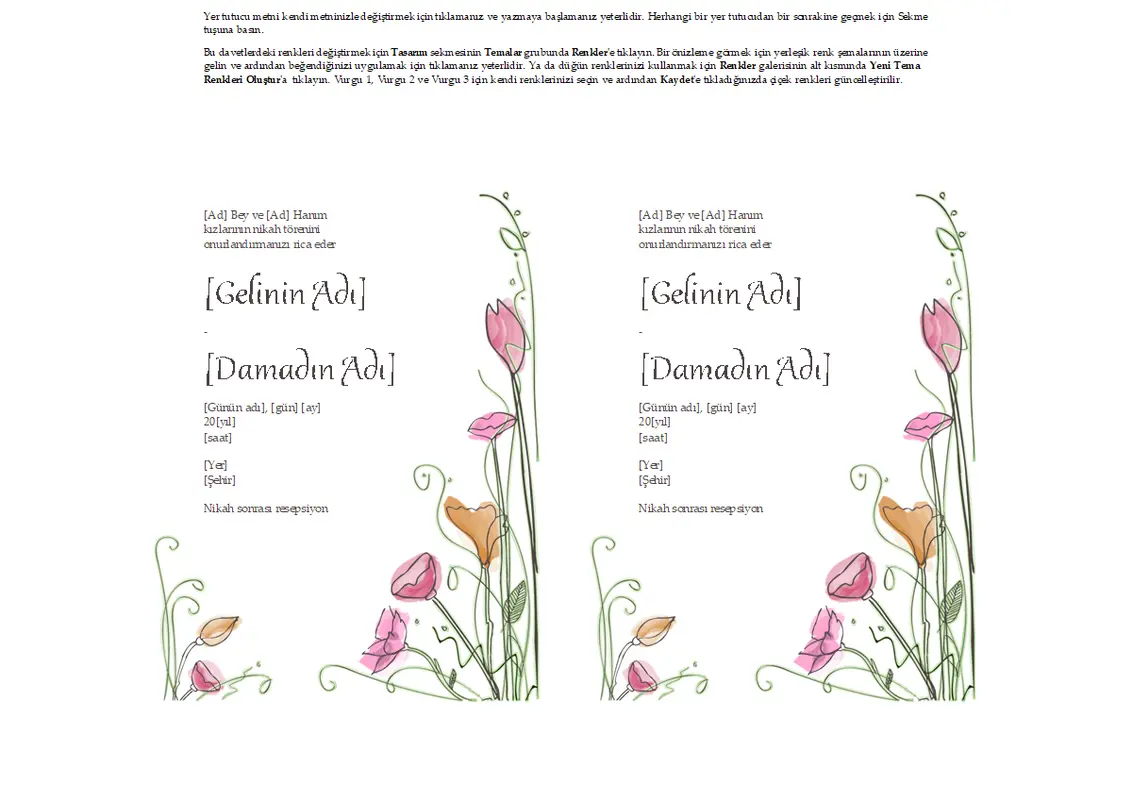 Düğün davetiyeleri (Suluboya tasarımı, sayfa başına 2 adet, Avery 5389 ile uyumlu)