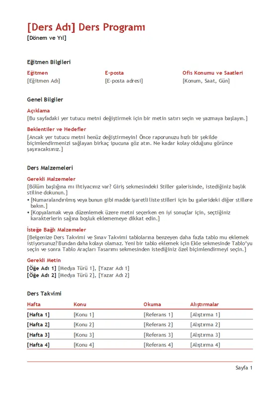 Öğretmenin ders programı (renkli) modern simple