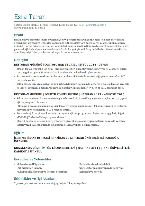 Restoran yöneticisi özgeçmişi modern-simple