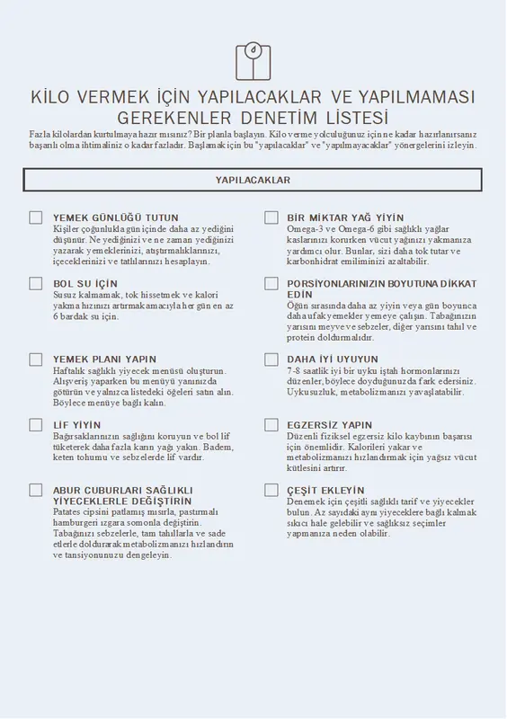 Kilo vermek için yapılacaklar ve yapılmayacaklar denetim listesi modern-simple