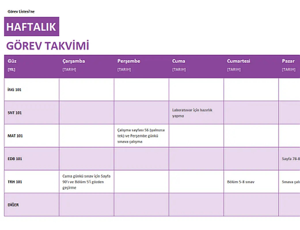 Haftalık görev listesi