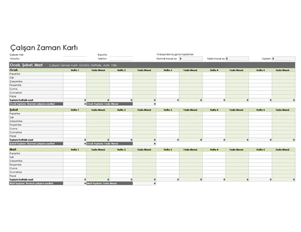 Çalışan zaman kartı (günlük, haftalık, aylık ve yıllık) green modern simple