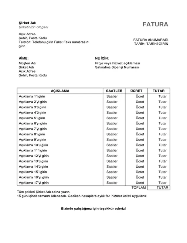 Saatleri ve ücreti içeren hizmet faturası