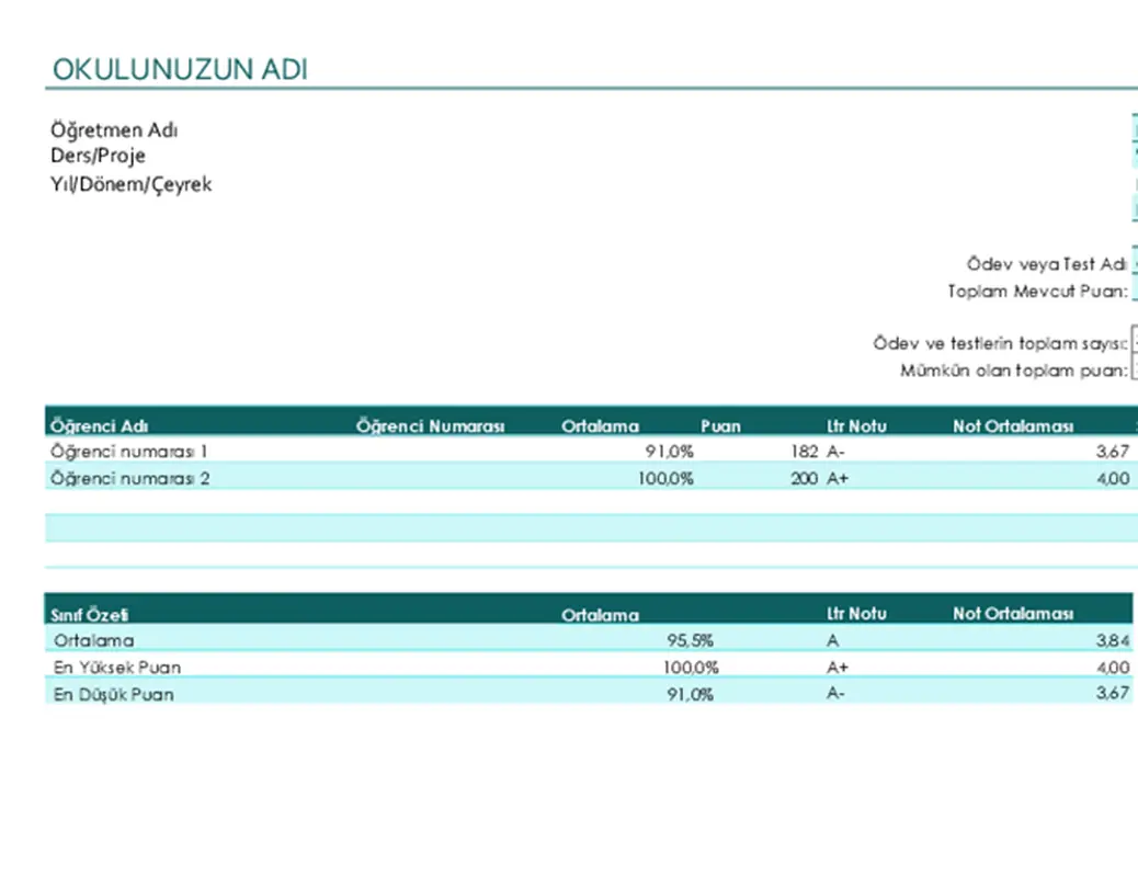 Öğretmenin not defteri (puanlara göre) modern simple