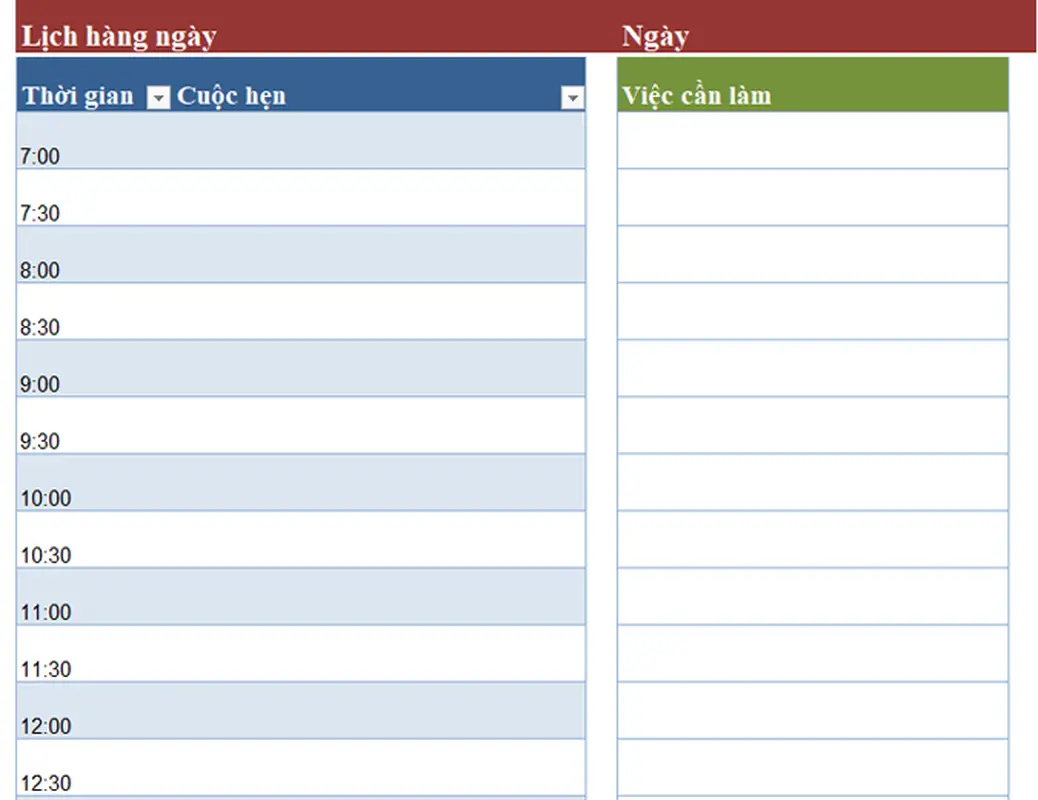 Lịch hàng ngày trống