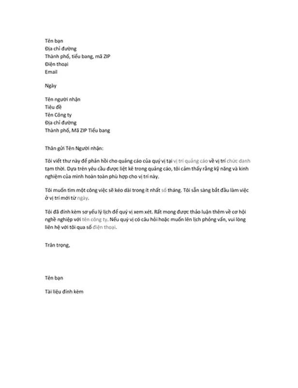 Thư ứng tuyển đi kèm sơ yếu lý lịch cho vị trí tạm thời