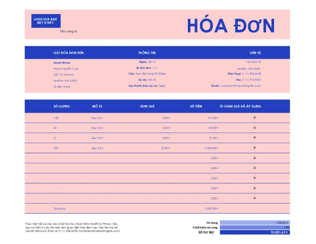 Hóa đơn bán hàng của doanh nghiệp nhỏ pink modern simple