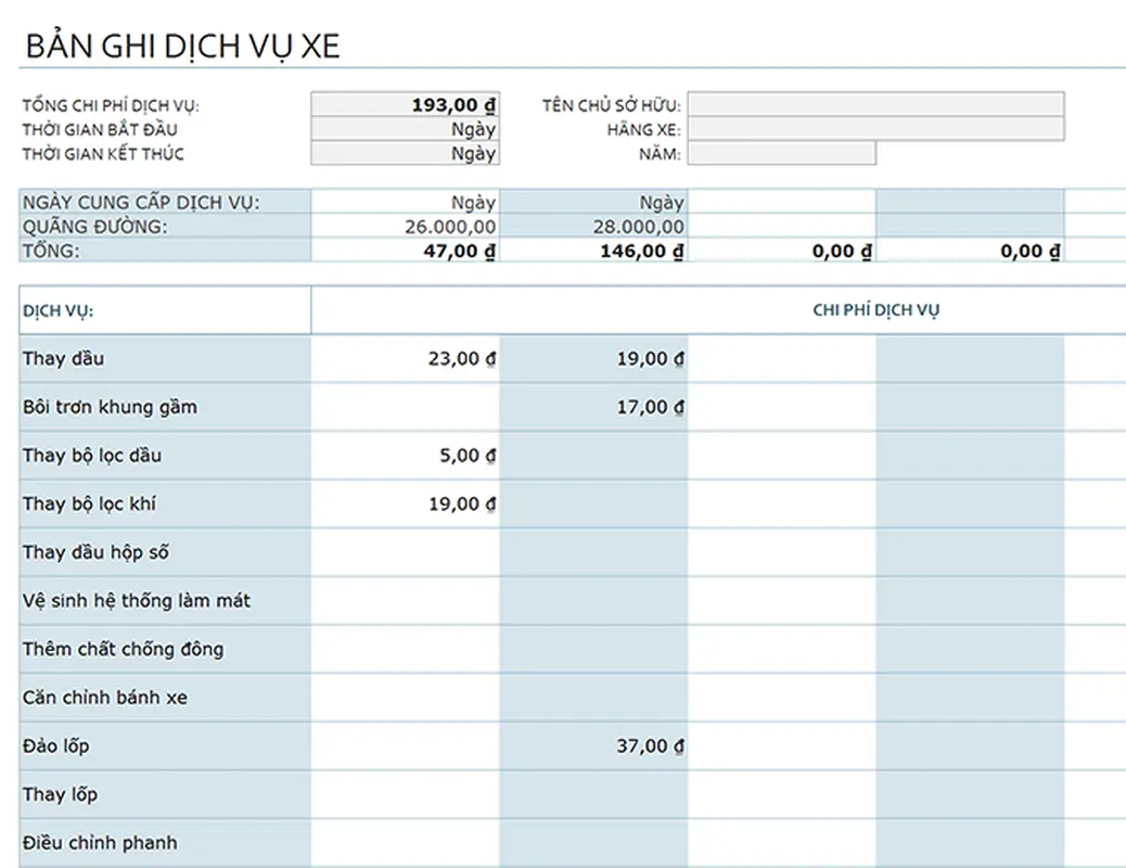 Bản ghi dịch vụ xe