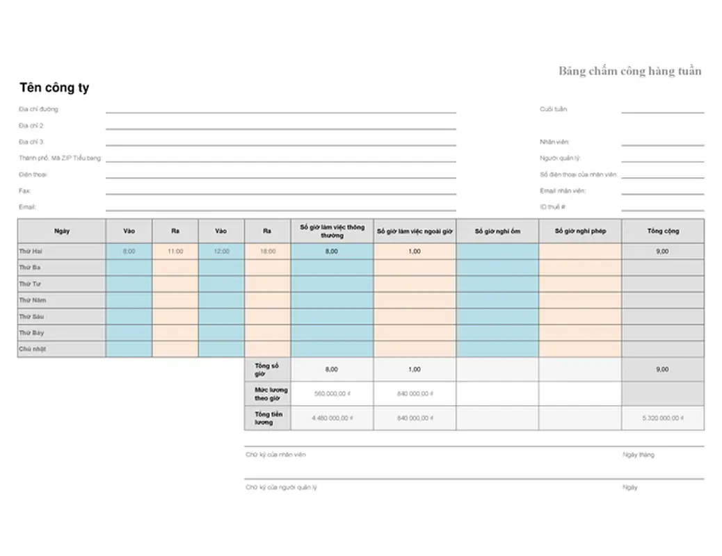 Bảng chấm công hàng tuần (8 1/2 x 11, ngang)