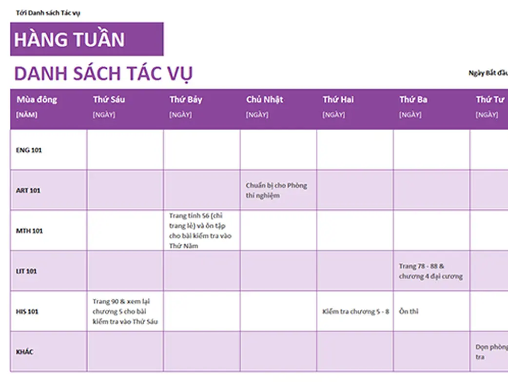 Lịch biểu tác vụ hàng tuần