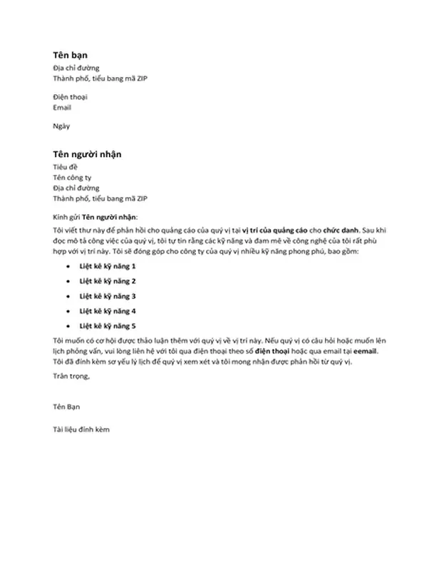Thư xin việc phản hồi cho quảng cáo