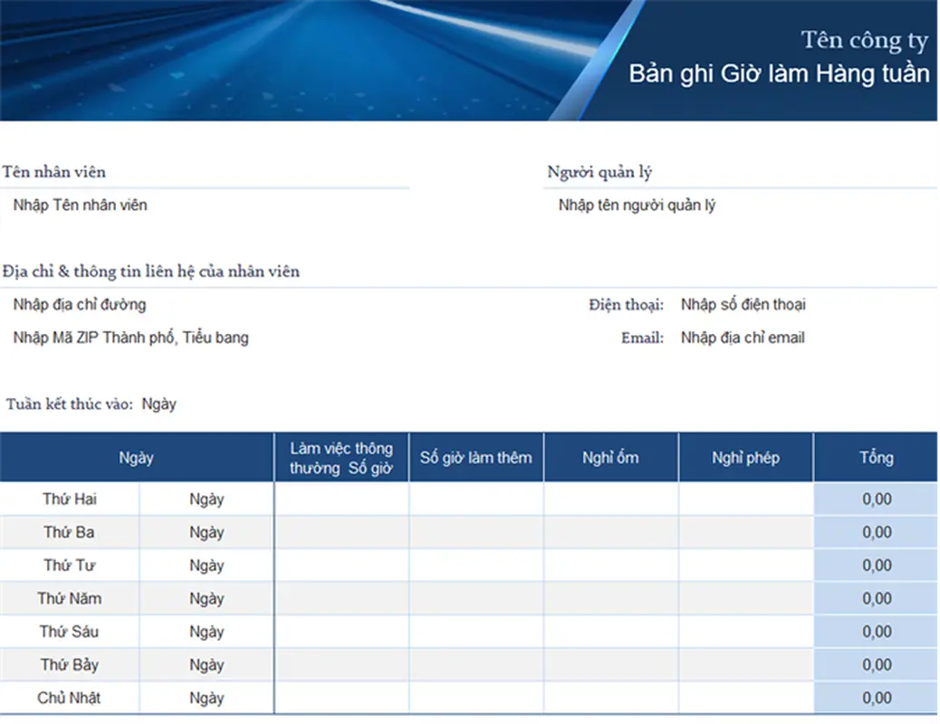 Bản ghi giờ làm hàng tuần cho doanh nghiệp nhỏ modern simple