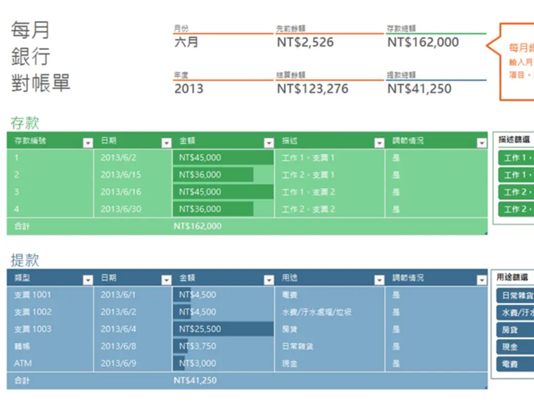 每月銀行調節表 green modern simple