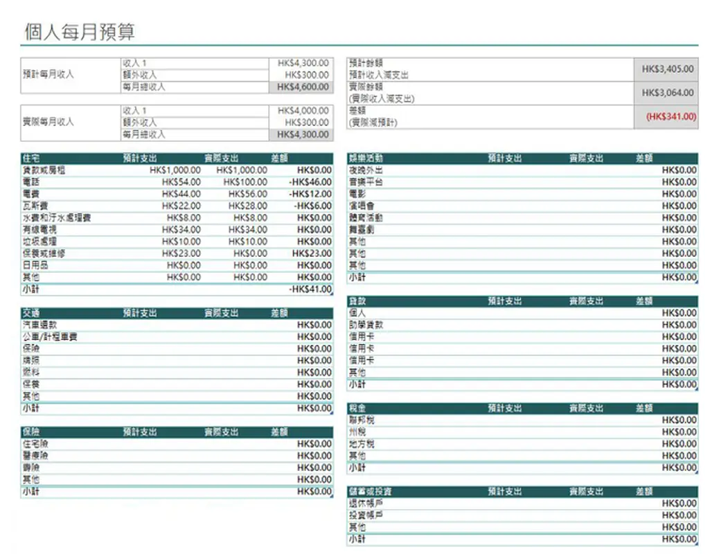 個人每月預算 modern simple