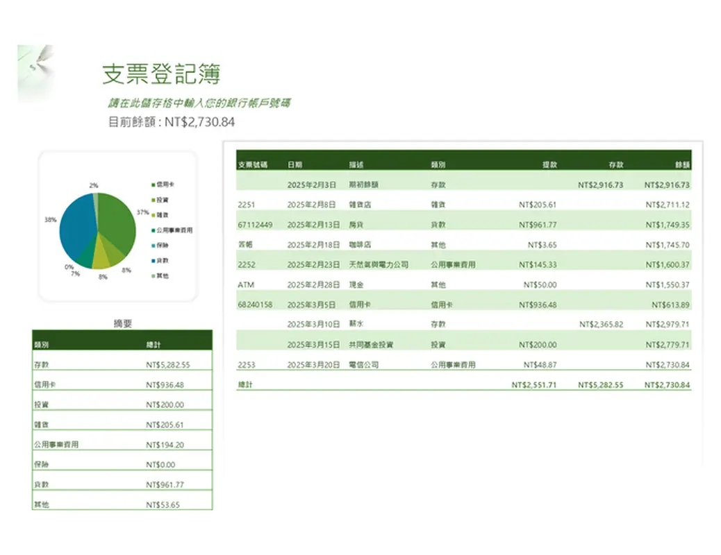 含有圖表的支票登記簿